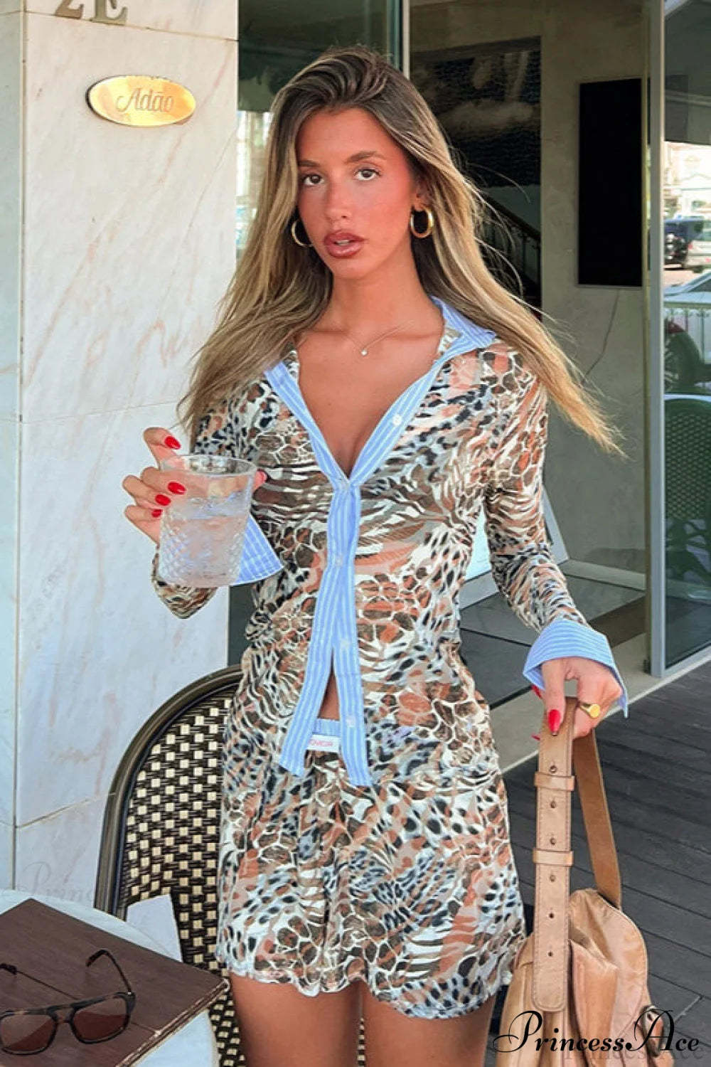 Leopard Print Panel Long Sleeve Blouse