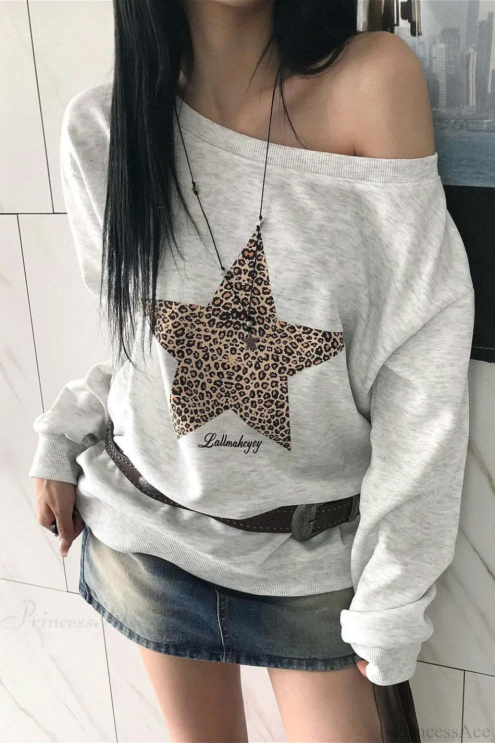 Leopard Print Star Slant Neck Off Shoulder Sweatshirt Grey / S
