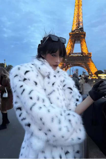 leopard print Warm Faux Fox Fur Notched Collar Loose Overcoat