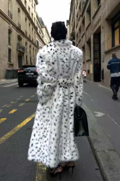leopard print Warm Faux Fox Fur Notched Collar Loose Overcoat