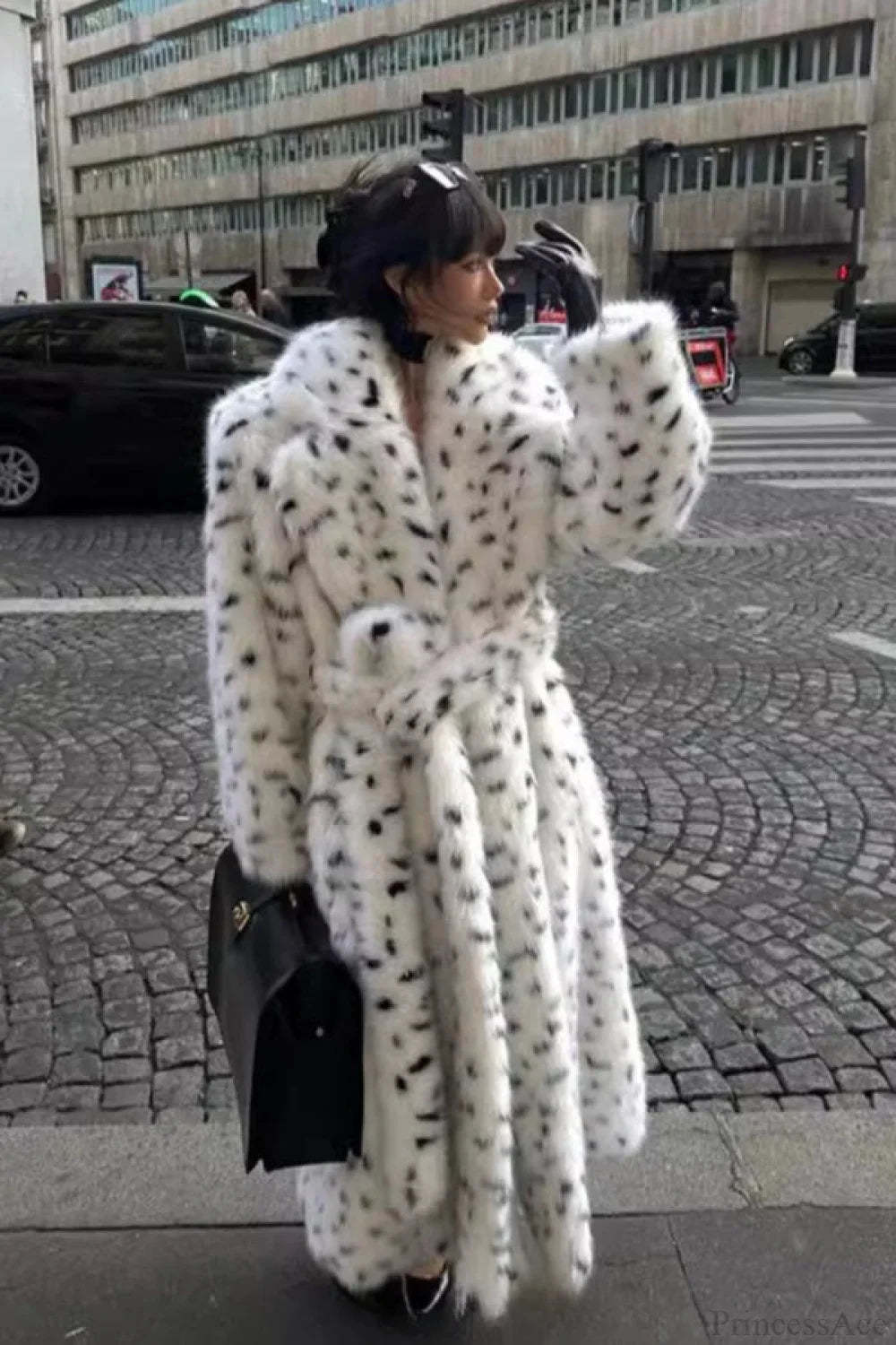 leopard print Warm Faux Fox Fur Notched Collar Loose Overcoat Leopard print / S