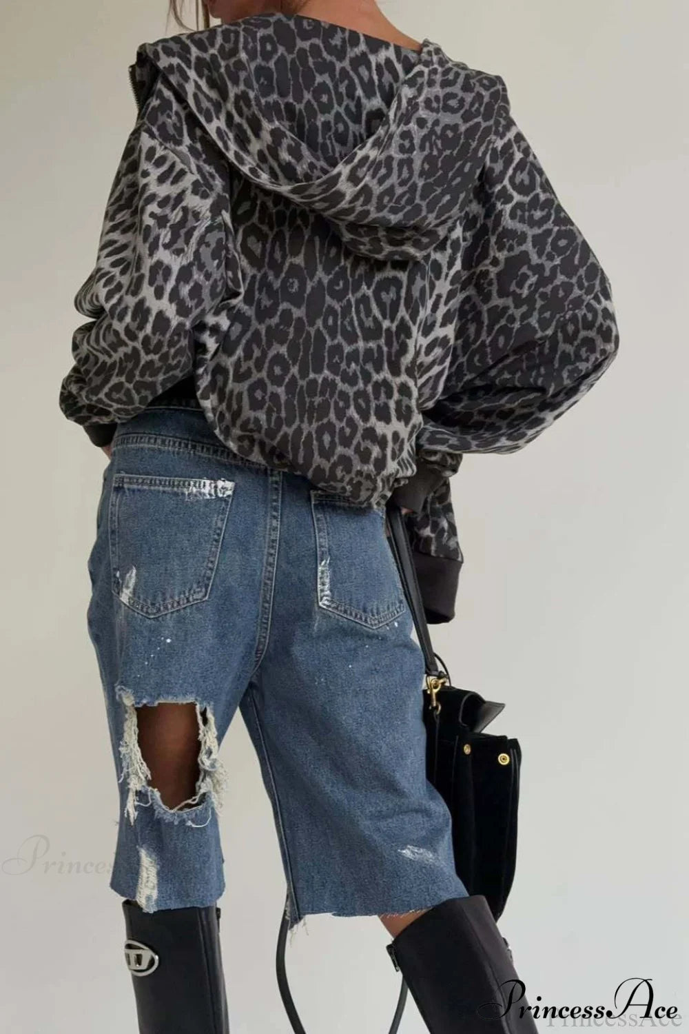 Leopard Print Zip Color-Block Hoodie