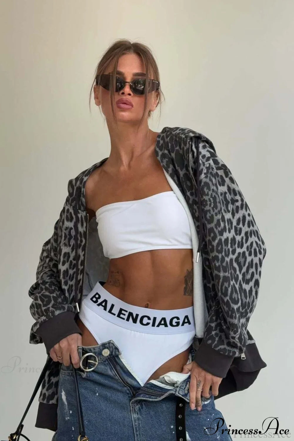 Leopard Print Zip Color-Block Hoodie