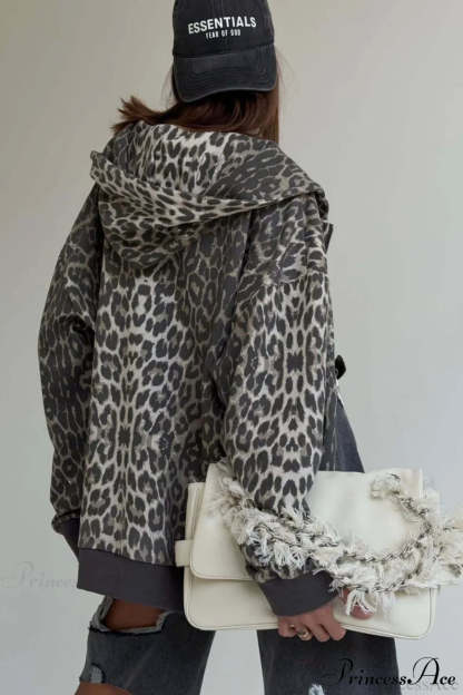Leopard Print Zip Color-Block Hoodie