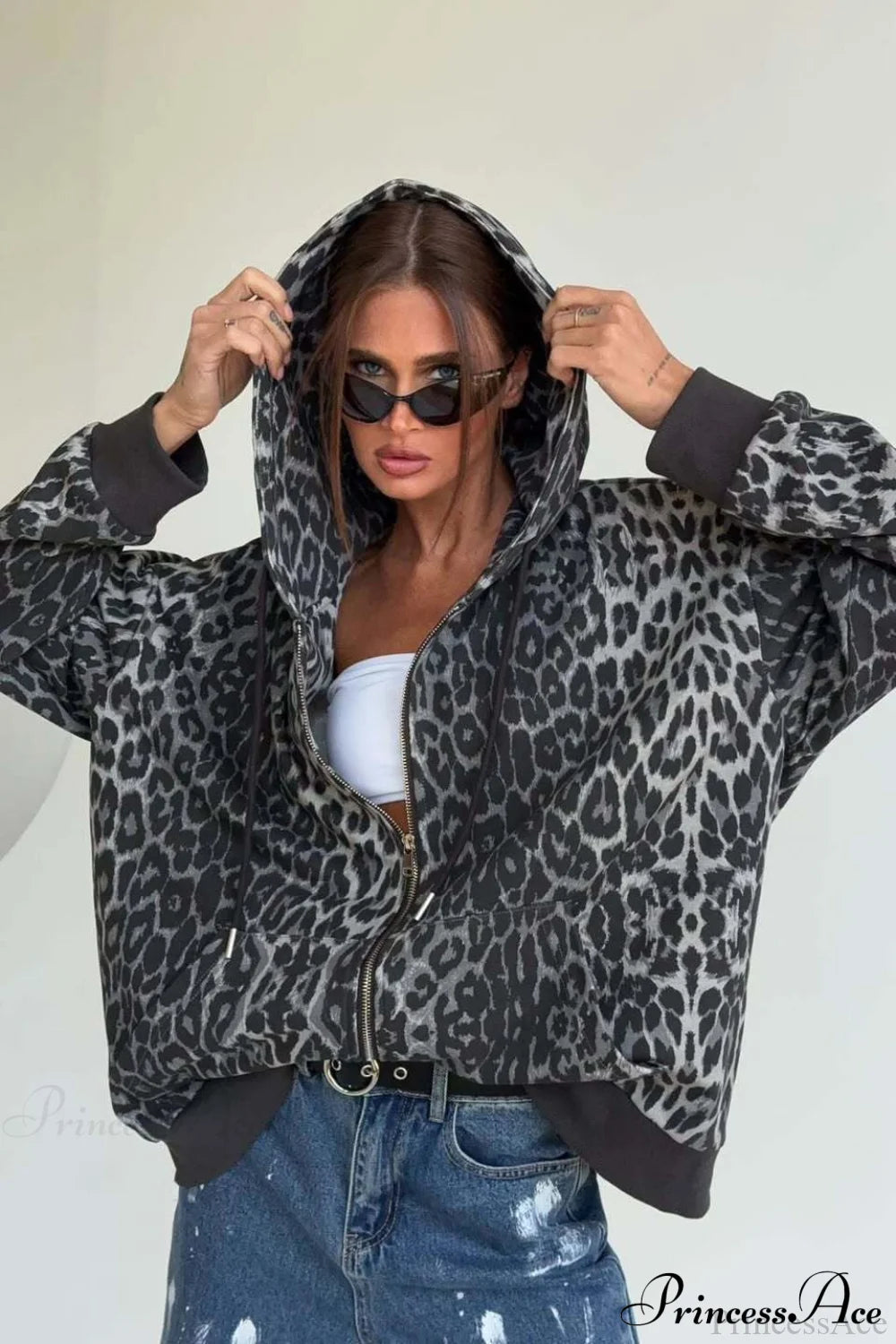 Leopard Print Zip Color-Block Hoodie Grey / S