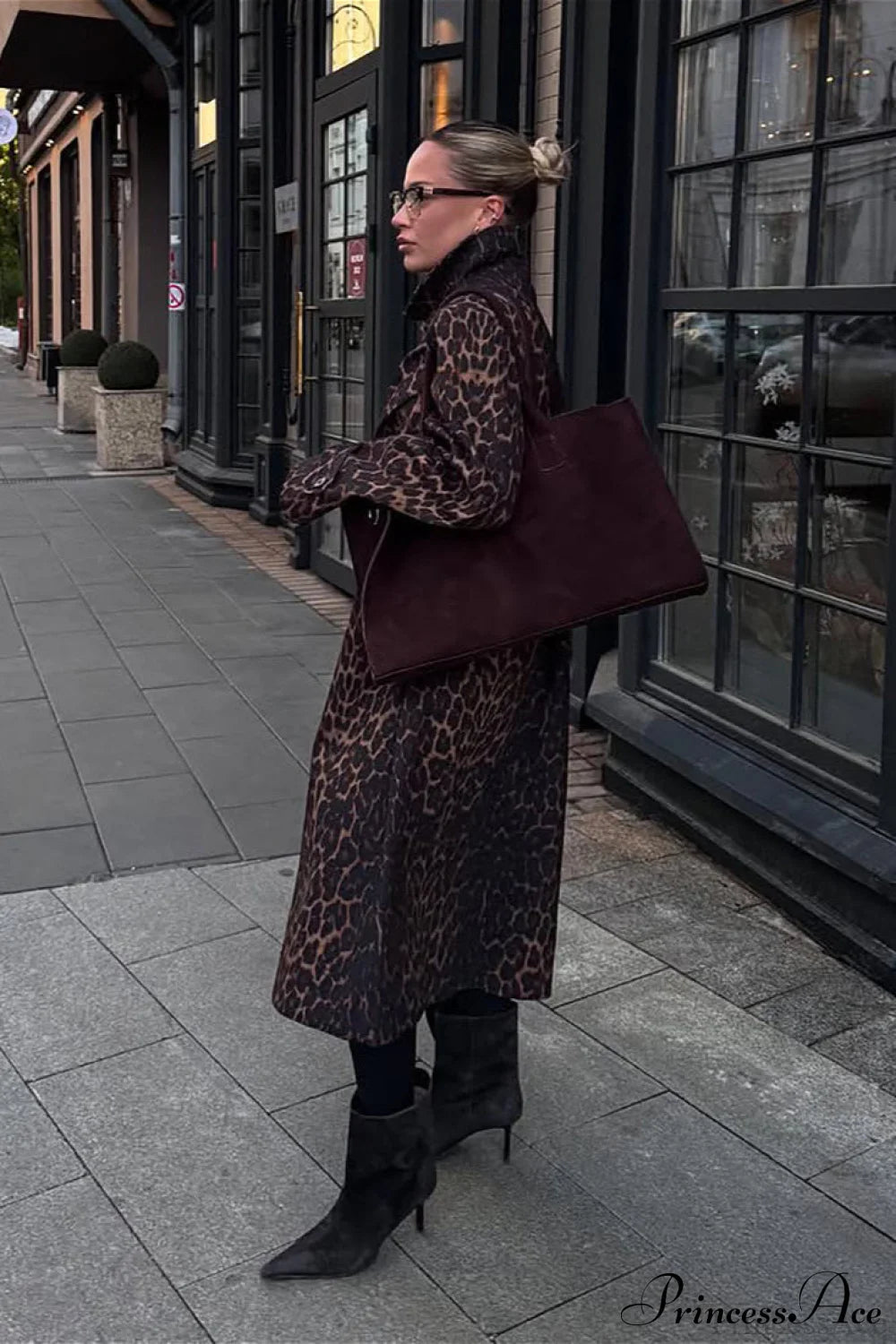Leopard Stand Collar Stylish Long Overcoat