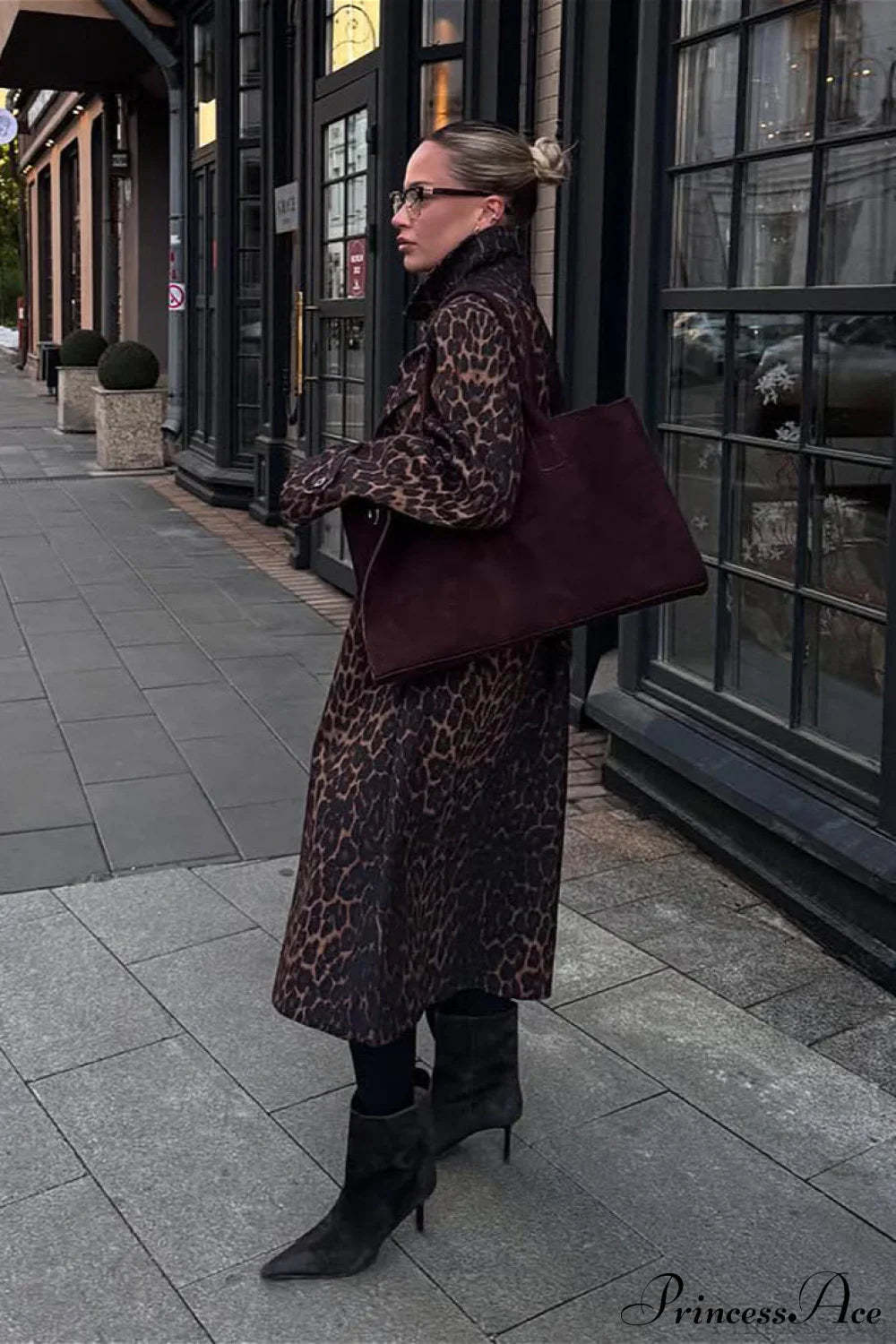 Leopard Stand Collar Stylish Long Overcoat