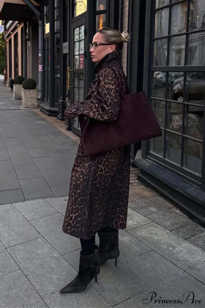 Leopard Stand Collar Stylish Long Overcoat
