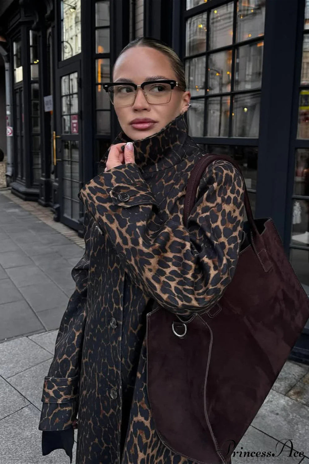 Leopard Stand Collar Stylish Long Overcoat