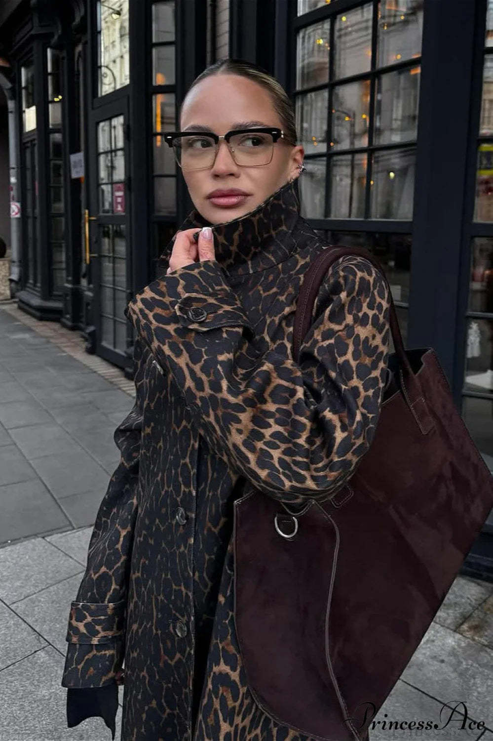 Leopard Stand Collar Stylish Long Overcoat