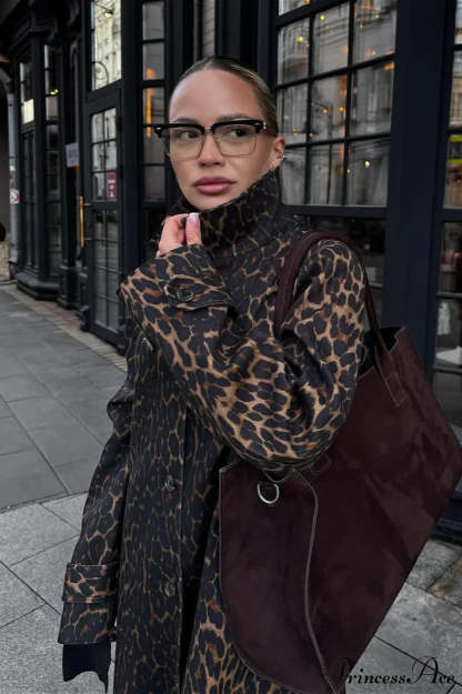 Leopard Stand Collar Stylish Long Overcoat