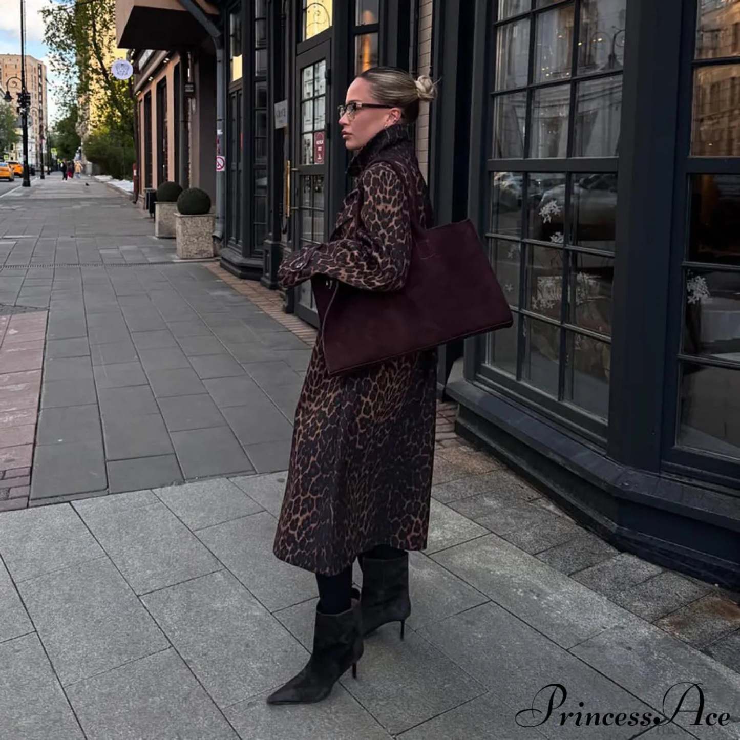 Leopard Stand Collar Stylish Long Overcoat Brown / S