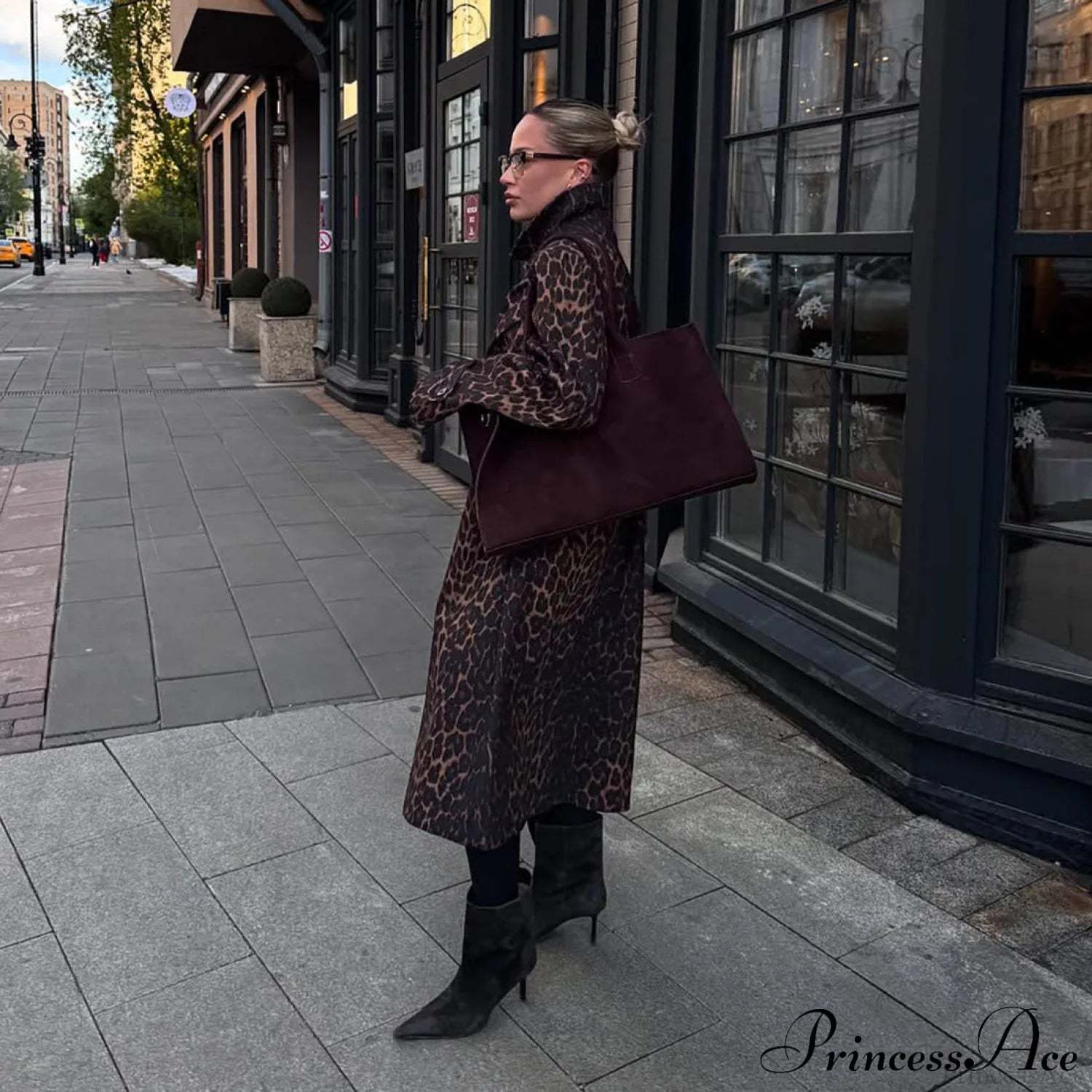 Leopard Stand Collar Stylish Long Overcoat Brown / S