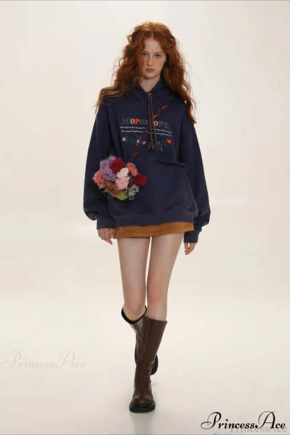Letter Embroidery Relaxed Thickened Hoodie