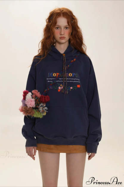 Letter Embroidery Relaxed Thickened Hoodie Dark Blue / S