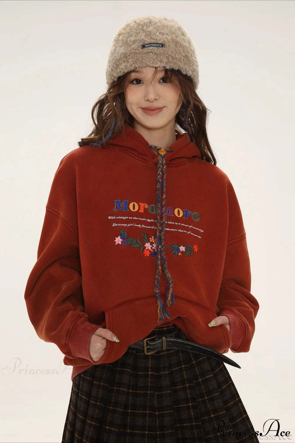 Letter Embroidery Relaxed Thickened Hoodie Red / S