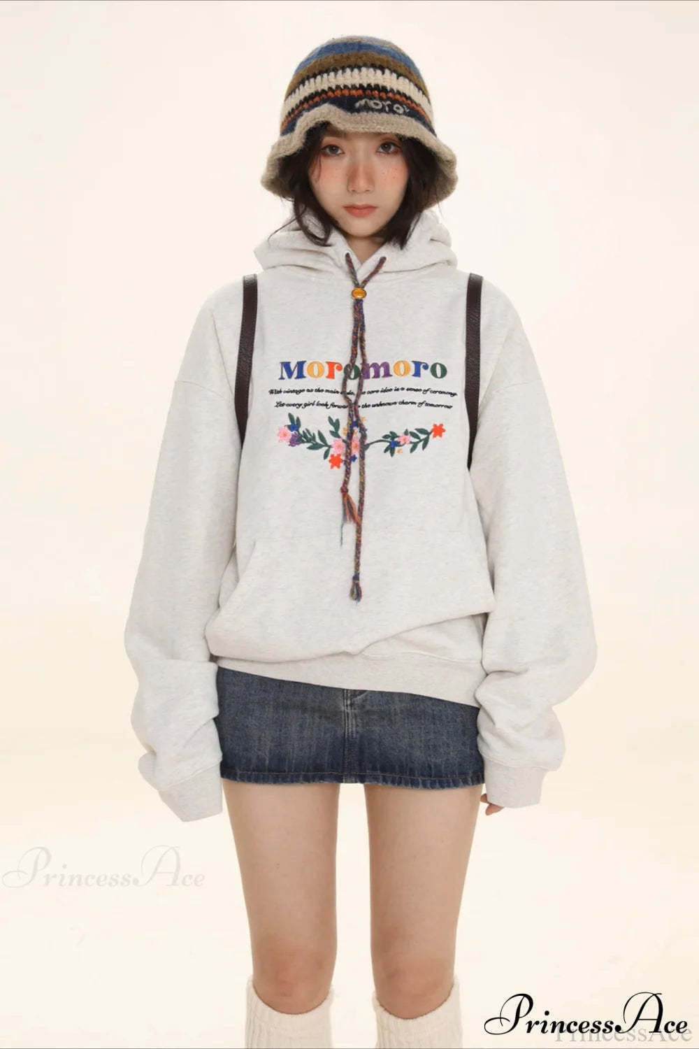 Letter Embroidery Relaxed Thickened Hoodie White Gray / S
