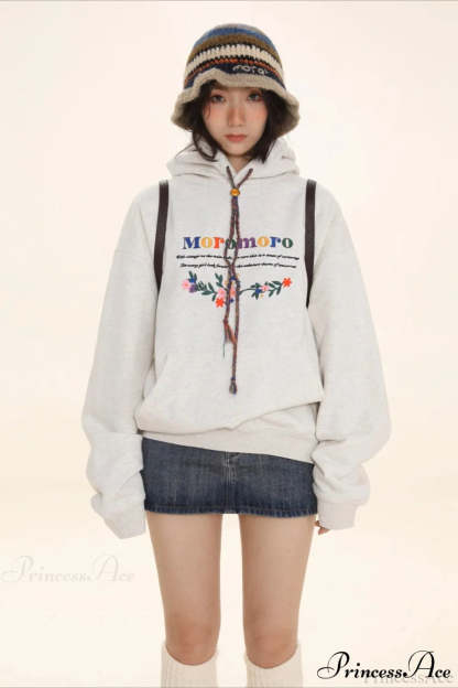 Letter Embroidery Relaxed Thickened Hoodie White Gray / S
