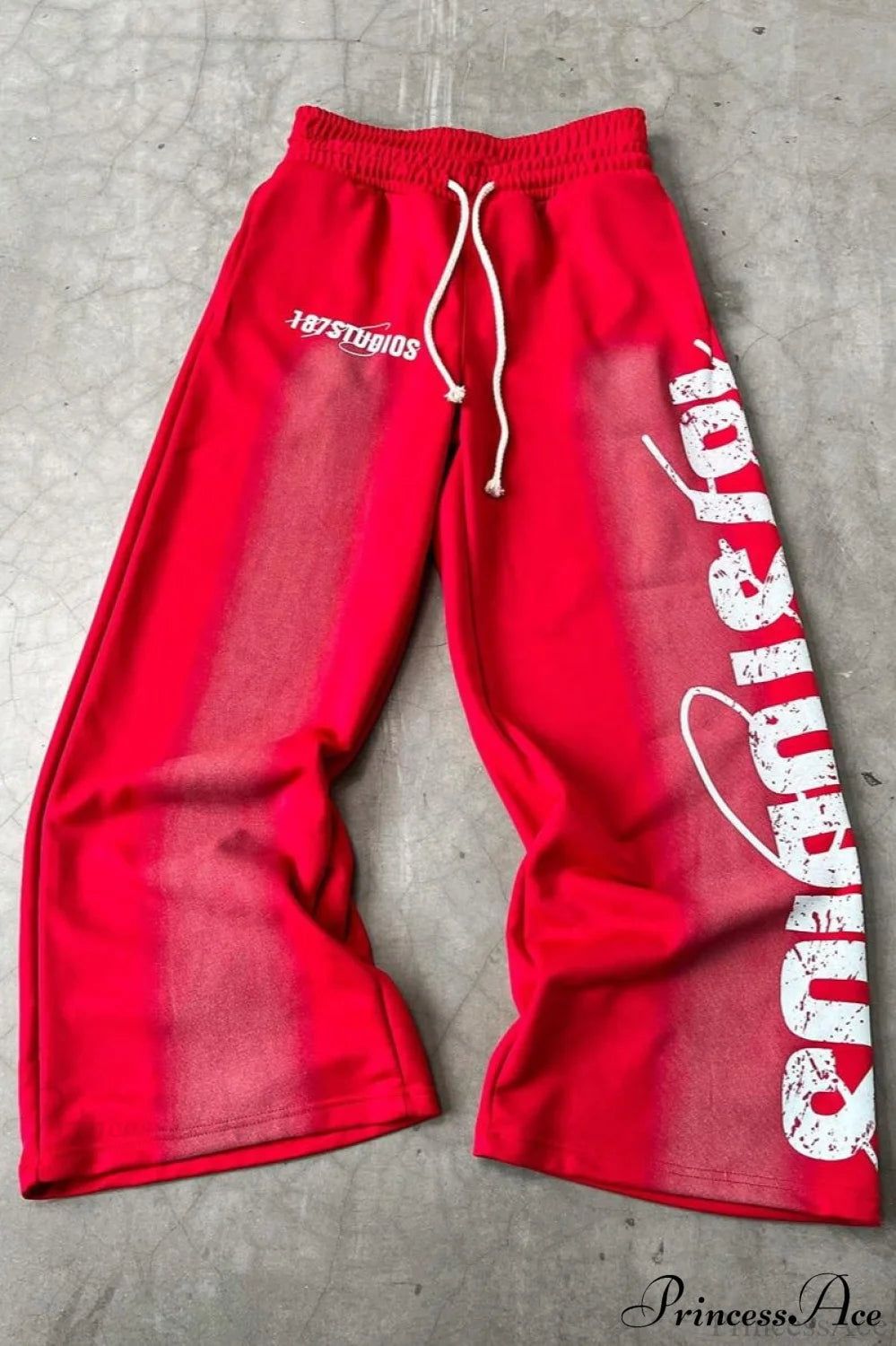 Letter Print Y2K Elastic Waist Straight Pants Red / S