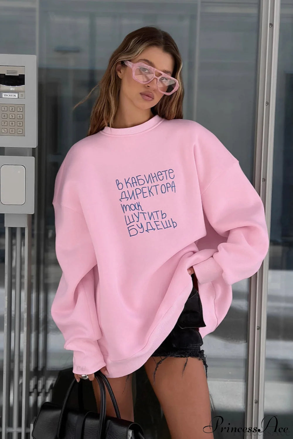 Letter Printed Loose Crew Neck Casual Sweatshirt Pink / S