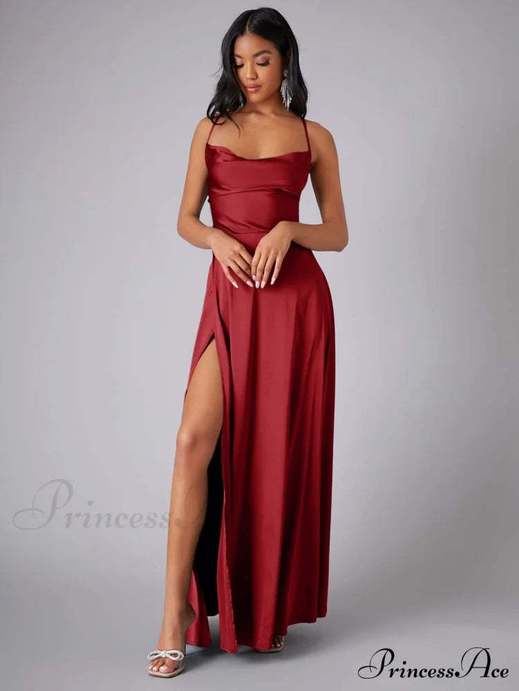 Lola High Stylish Slit Satin Dress Burgundy / S S.o. Long Dresses