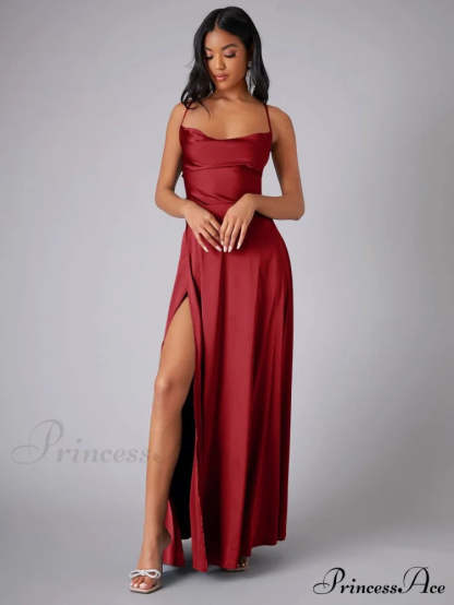 Lola High Stylish Slit Satin Dress Burgundy / S S.o. Long Dresses