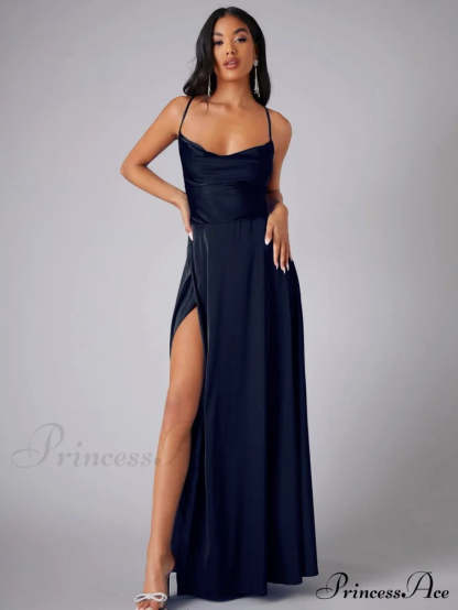 Lola High Stylish Slit Satin Dress Navy Blue / S S.o. Long Dresses