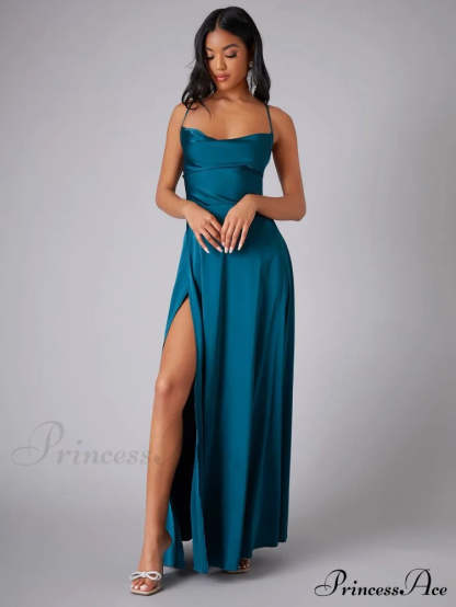Lola High Stylish Slit Satin Dress Navy / S S.o. Long Dresses