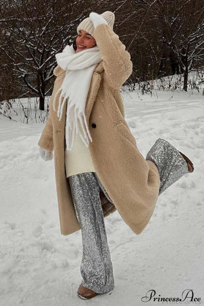 Long Fleece Sherpa Warm Fuzzy Overcoat Khaki / S