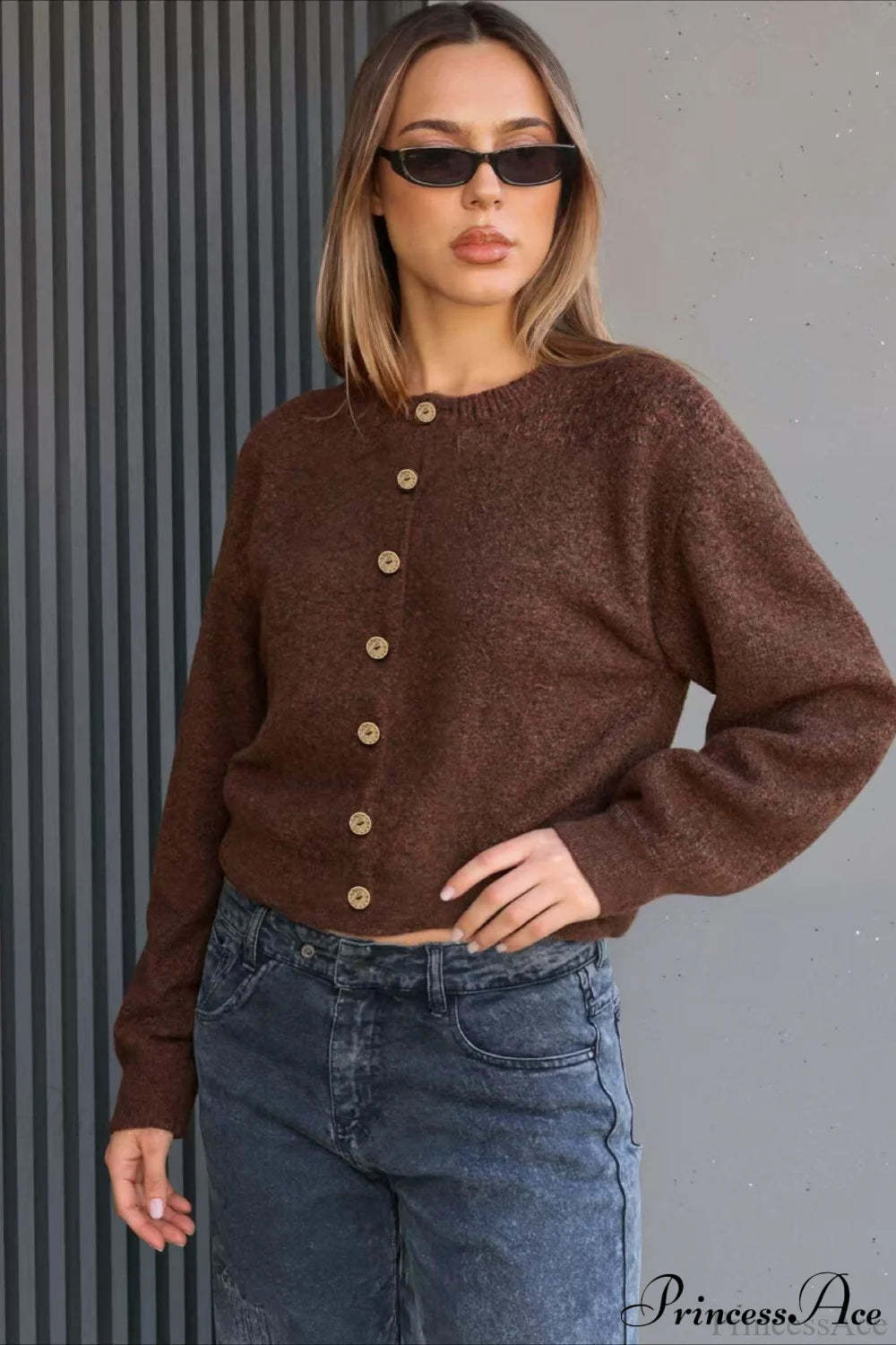 Long Sleeve Button Loose Crew Neck Knit Cardigan