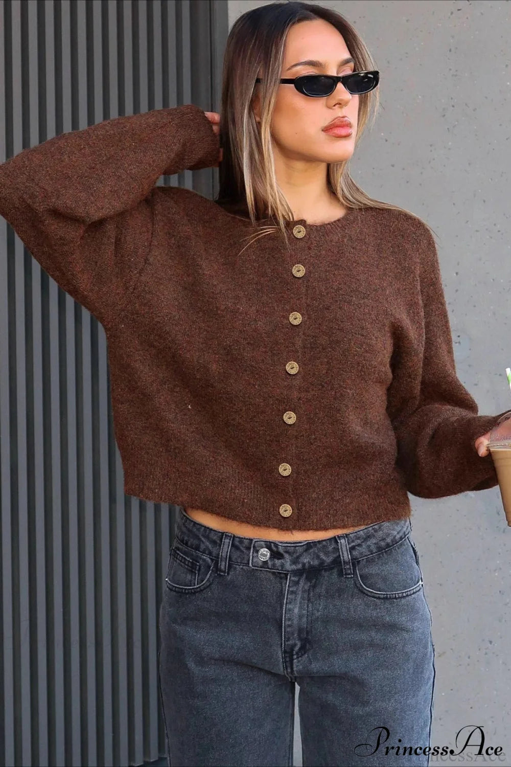 Long Sleeve Button Loose Crew Neck Knit Cardigan Brown / S