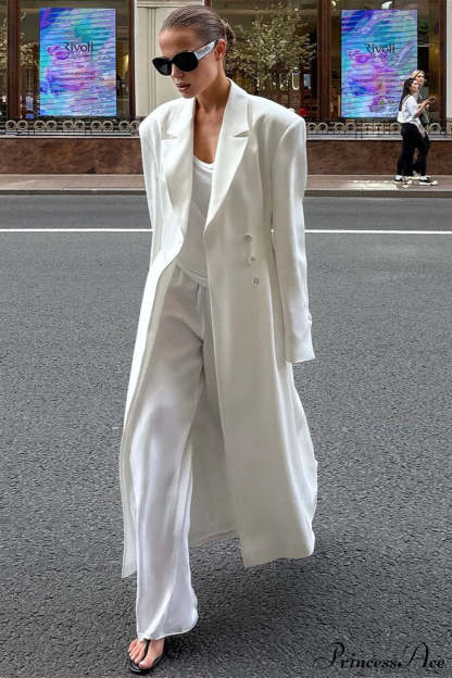Long Sleeve Fitted Waist Long Chic Overcoat White / S