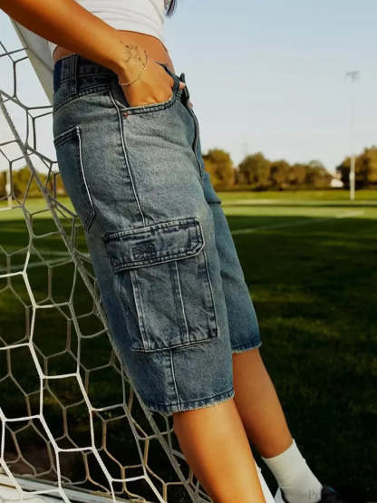 Loose Cargo Wide-Leg Denim Short short-250223