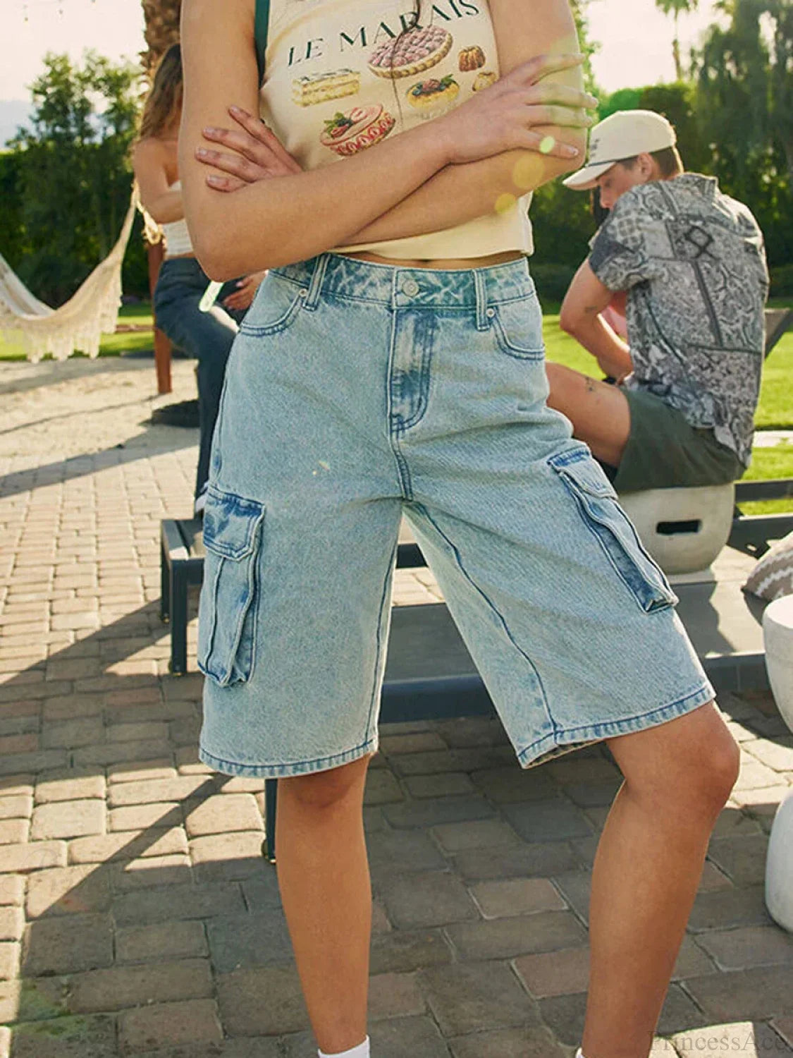 Loose Cargo Wide-Leg Denim Short short-250223