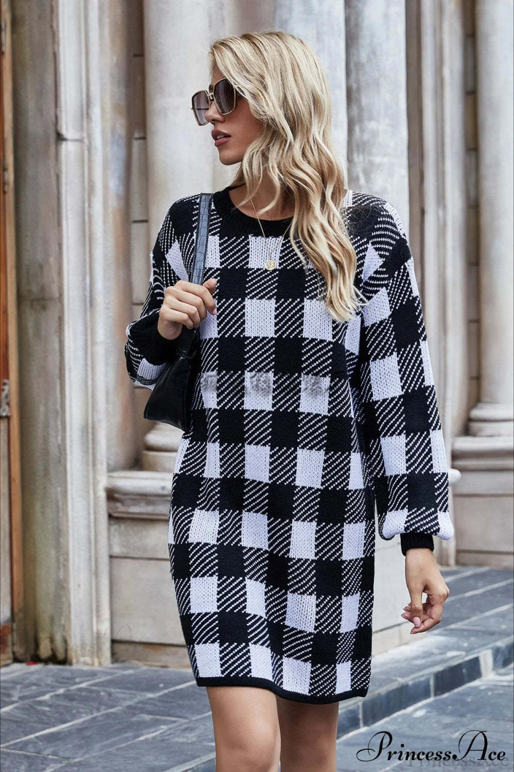 Loose Plus Size Plaid Commute Color Block Sweater Black / S