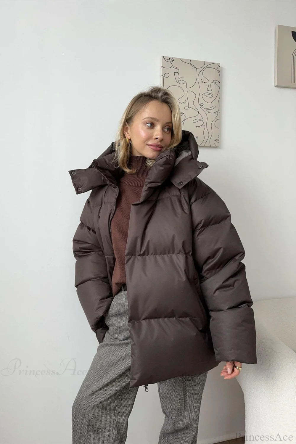 Loose Solid Minimalist Hooded Cotton Coat Dark brown / S