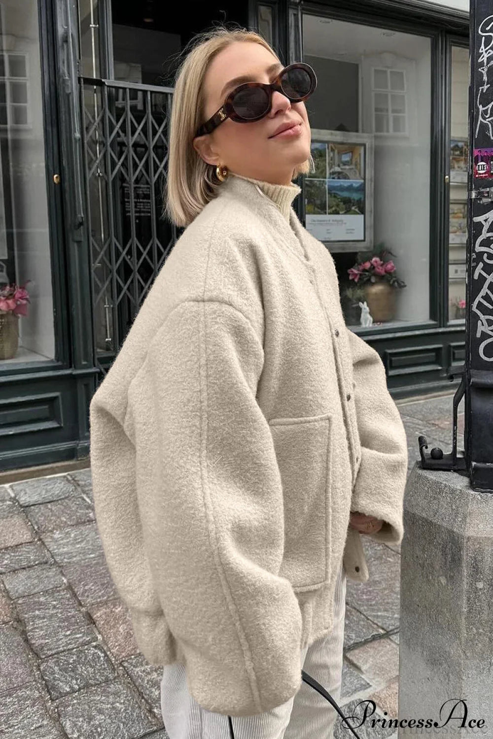 Loose Stand Collar Textured Wool Casual Coat