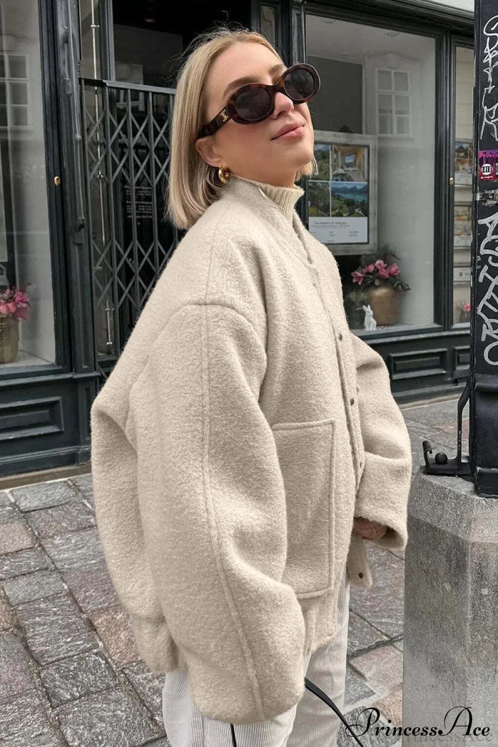 Loose Stand Collar Textured Wool Casual Coat