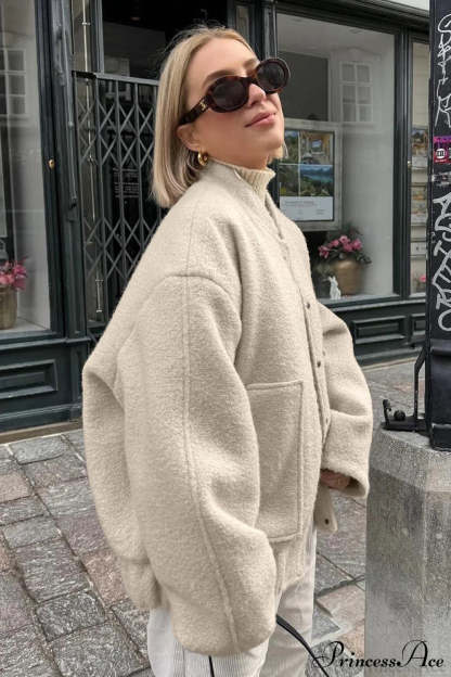 Loose Stand Collar Textured Wool Casual Coat