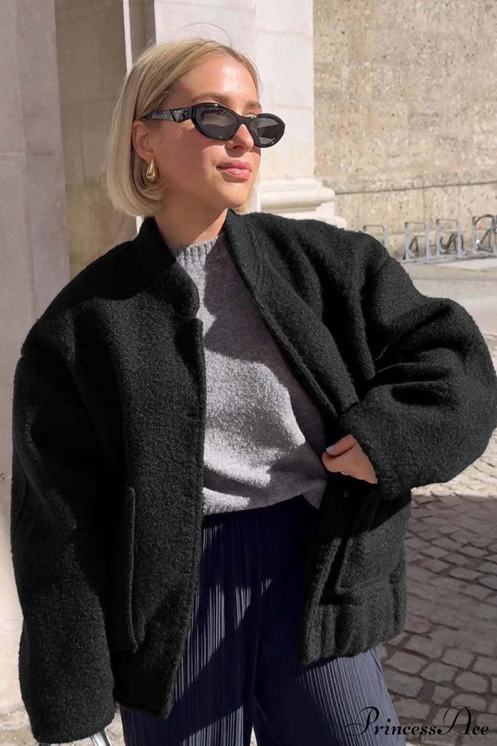 Loose Stand Collar Textured Wool Casual Coat Black / S