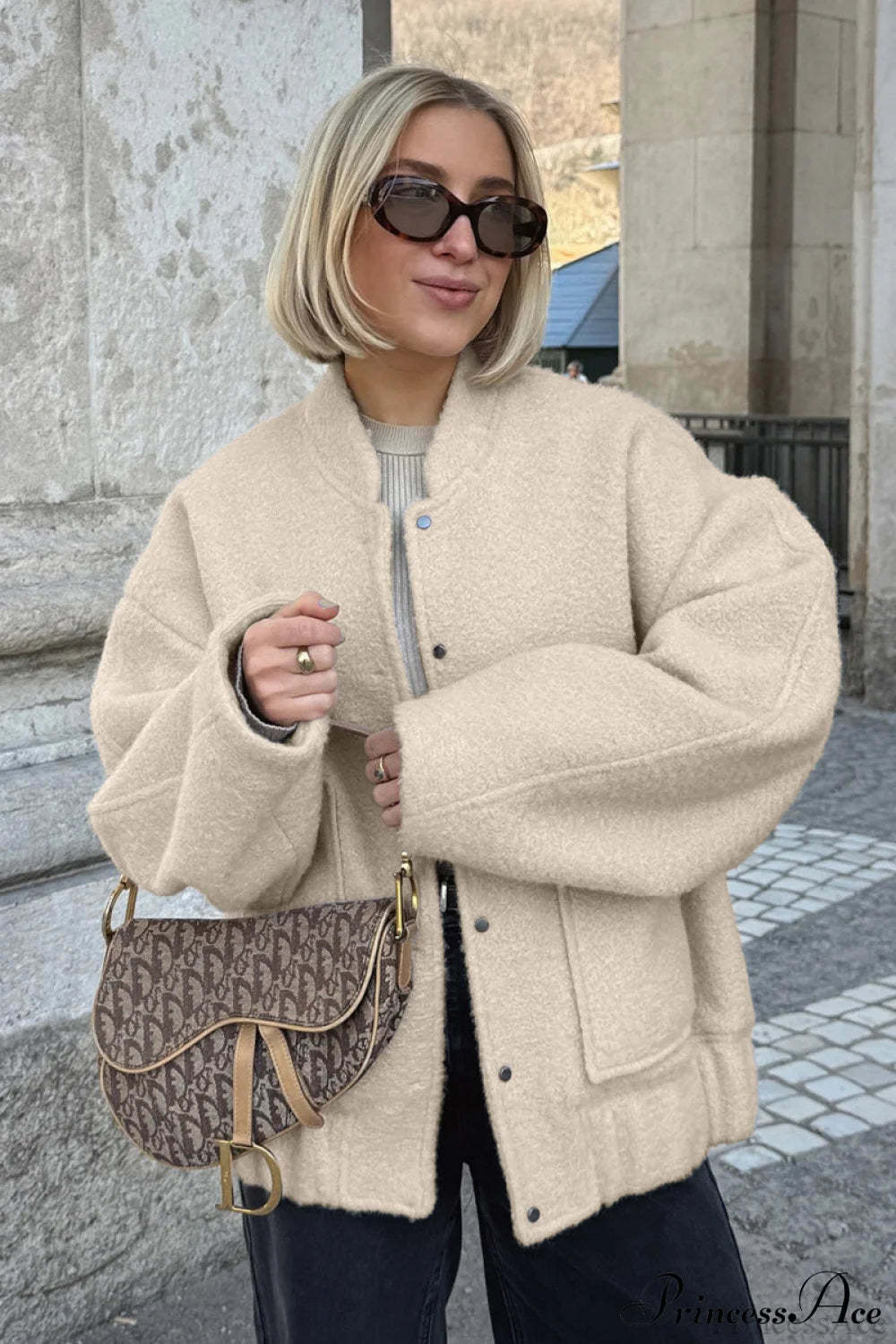 Loose Stand Collar Textured Wool Casual Coat Off-White / S