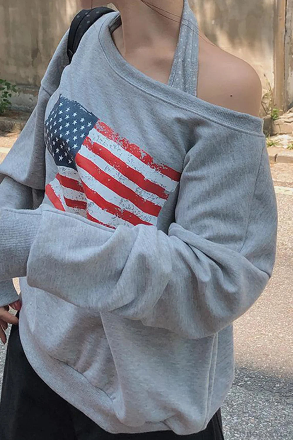 Loose Striped Print Halter Off Shoulder Fake Two Piece Sweatshirt