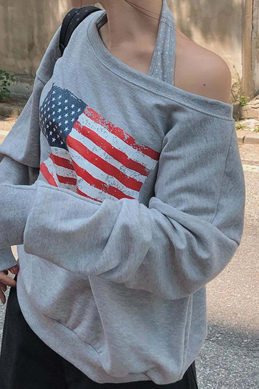 Loose Striped Print Halter Off Shoulder Fake Two Piece Sweatshirt