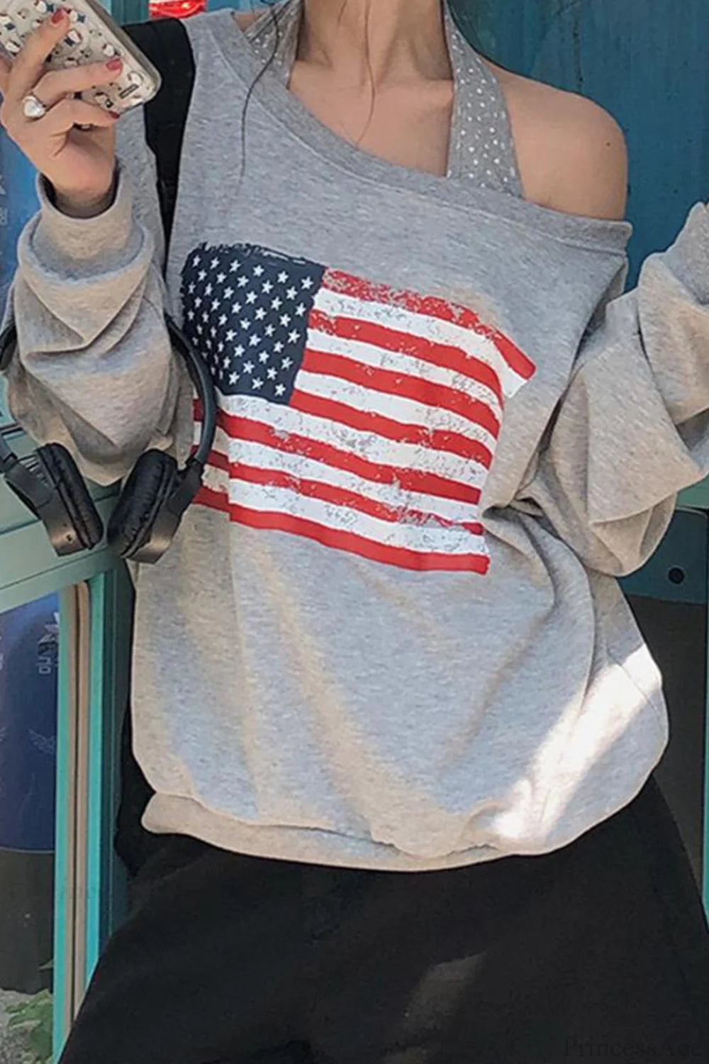 Loose Striped Print Halter Off Shoulder Fake Two Piece Sweatshirt Grey / S