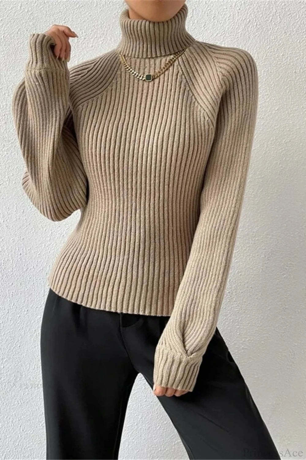 Loose Turtleneck Raglan Sleeve Sweater Khaki / S