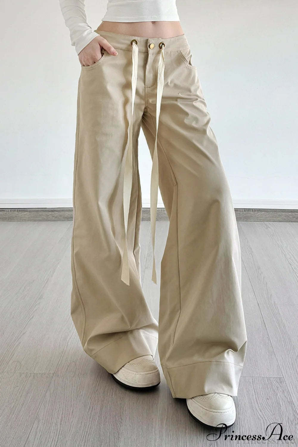 Loose Wide-Leg Drawstring Cargo Pants Khaki / S