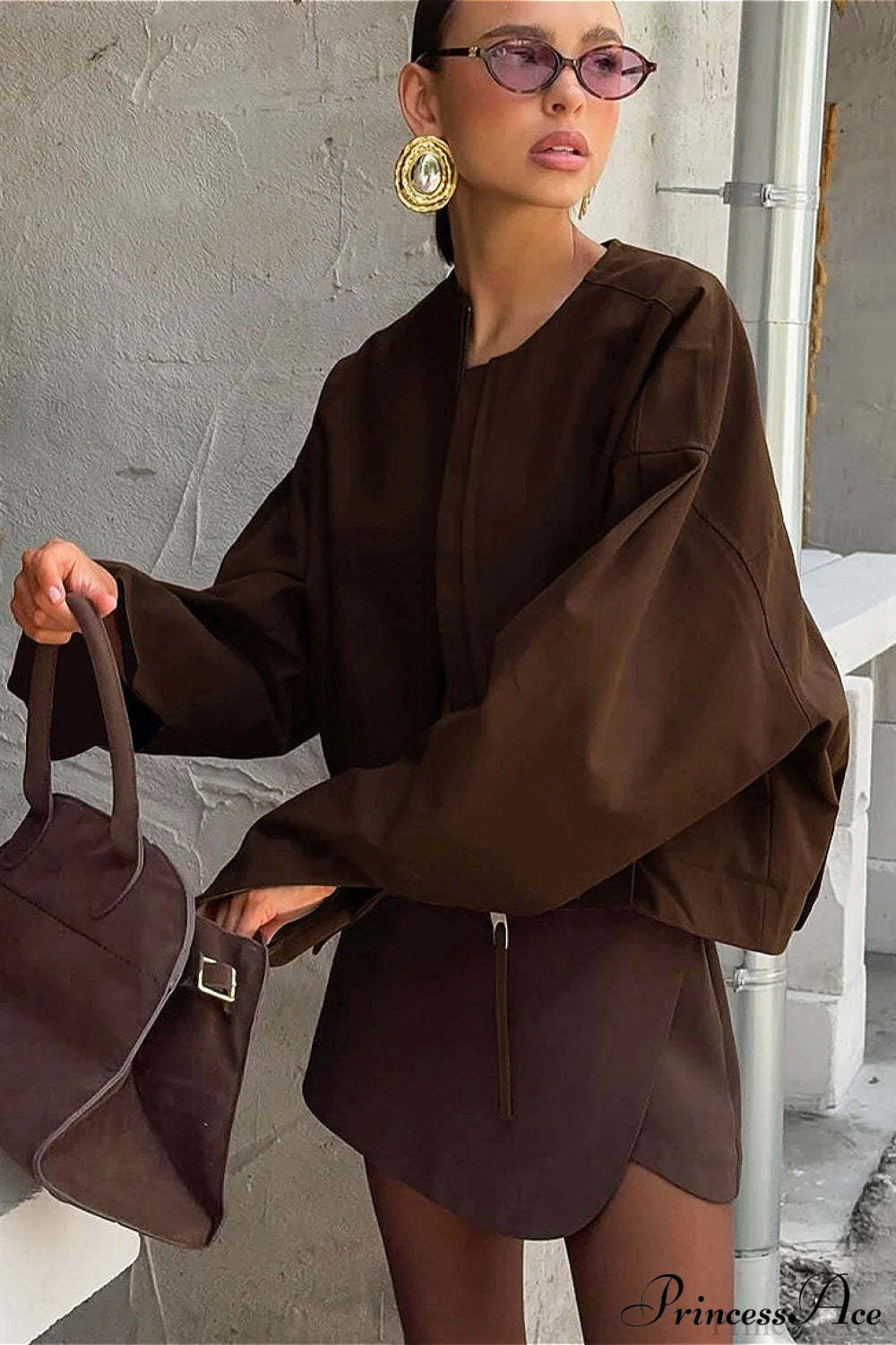 Loose Zip Crewneck Short Long Sleeve Coat