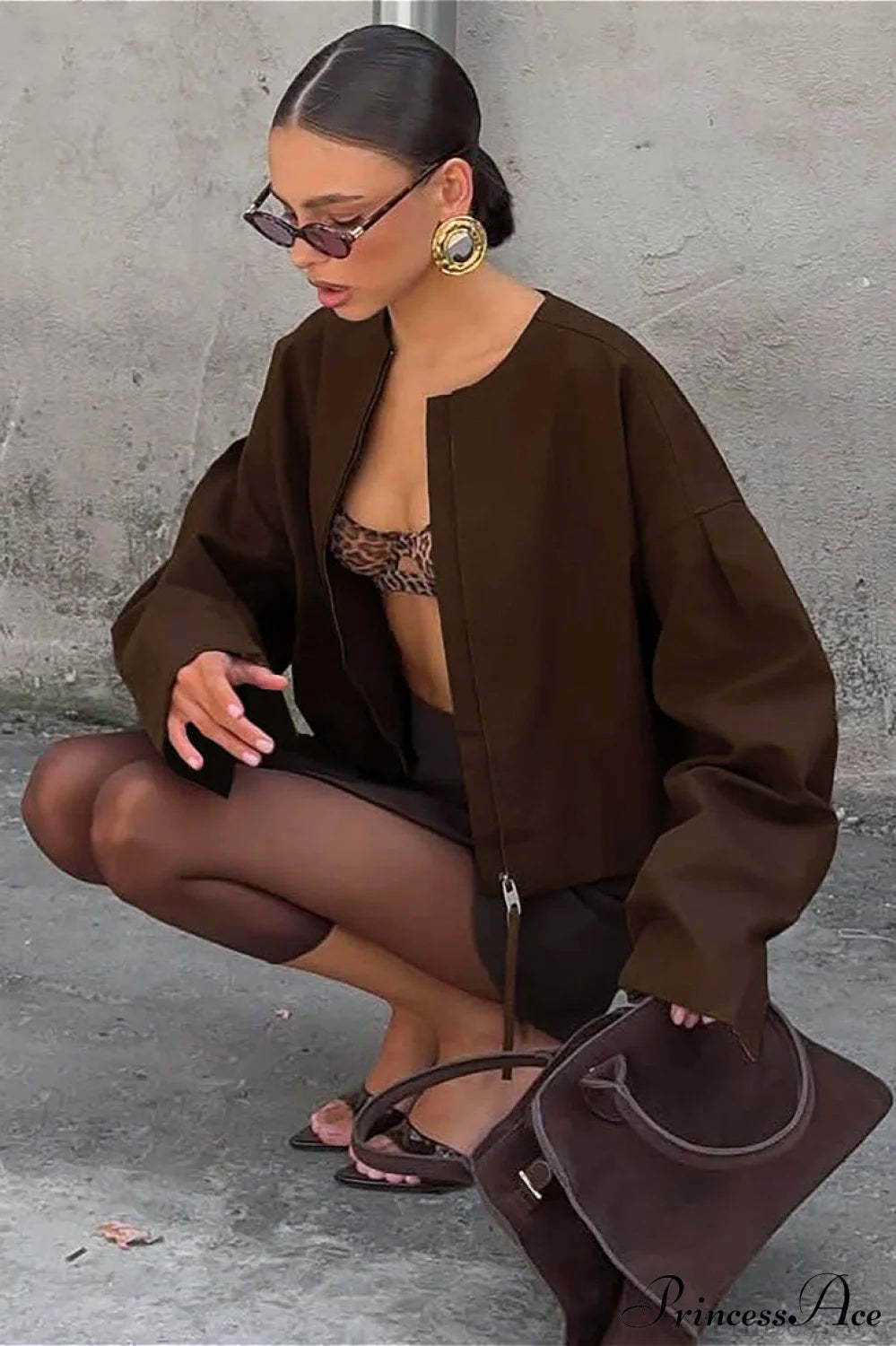 Loose Zip Crewneck Short Long Sleeve Coat