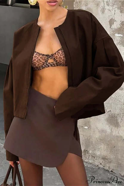 Loose Zip Crewneck Short Long Sleeve Coat Brown / S