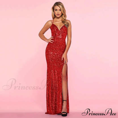 Taya Open Stylish Back Sequin Dress Red / S S.o. Long Dresses